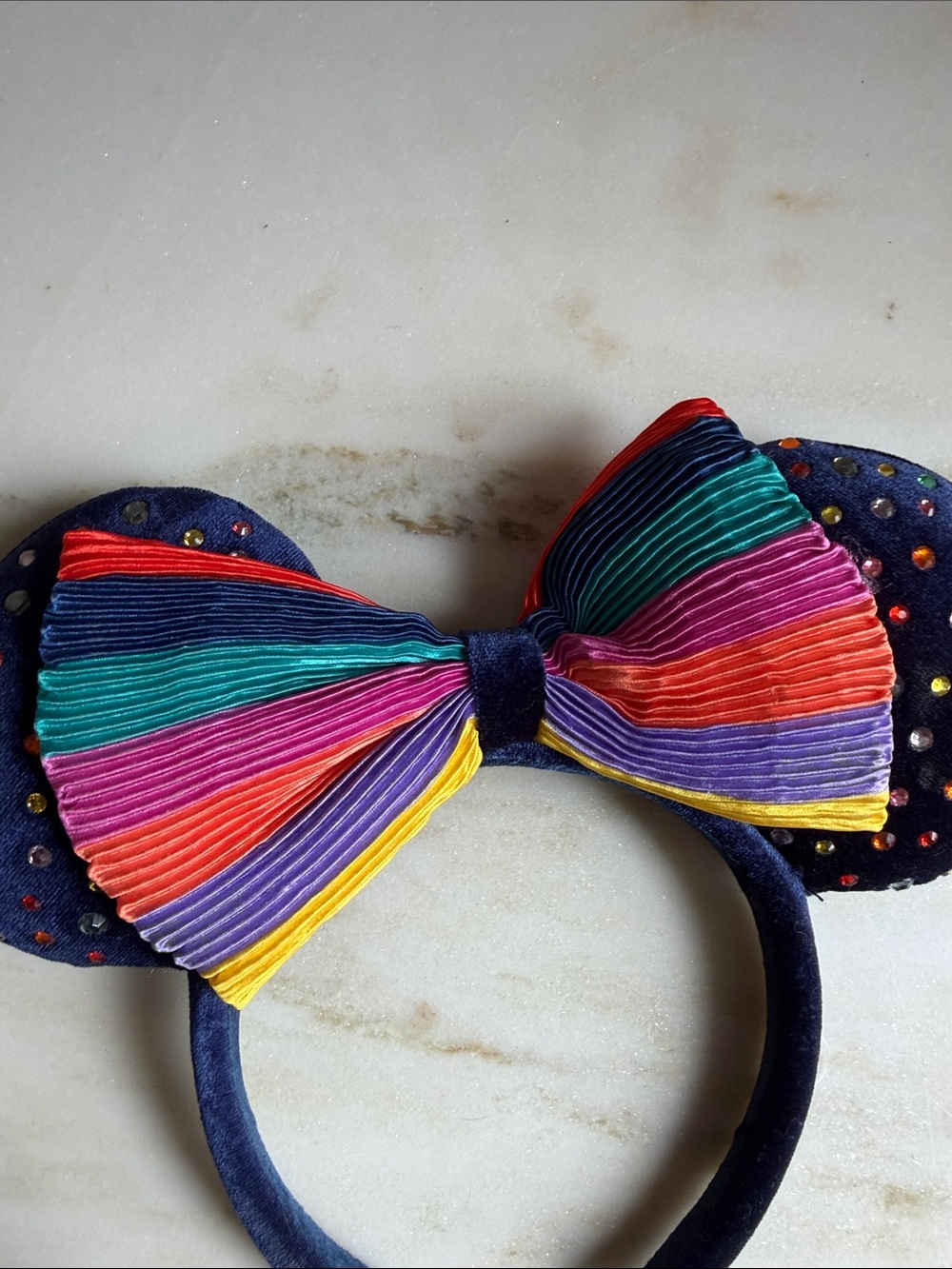 Disney Navy Colorful Minnie Ears Headband with Rainbow Pleated Bow & Gemstones - Picture 4 of 5